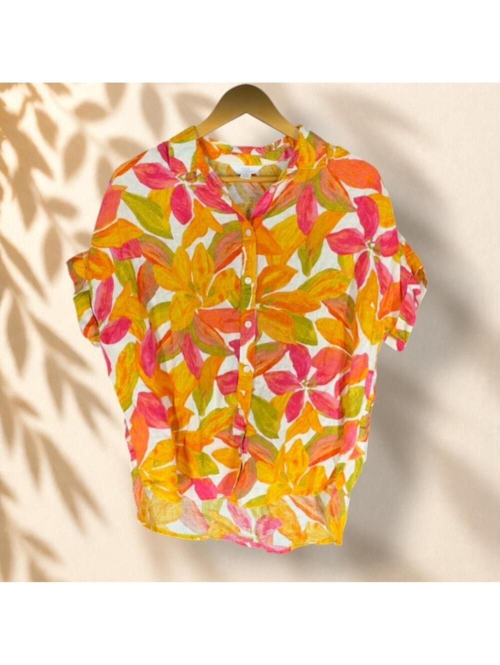 Time And Tru Shirt Women M Medium Orange Floral Button Up Collared Linen Casual